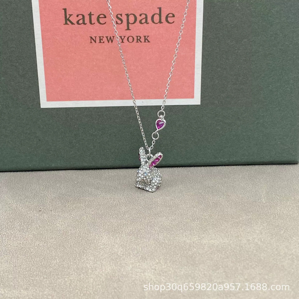kate spade Cartoon White Bunny 3D Crystal Heart Necklace Purple